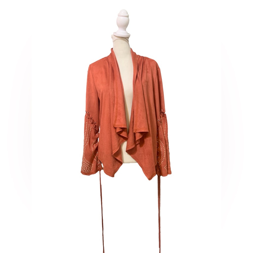 Monoreno Burnt Orange Faux Suede Embroidered Wide Flare Cuff Open Drape Cardigan